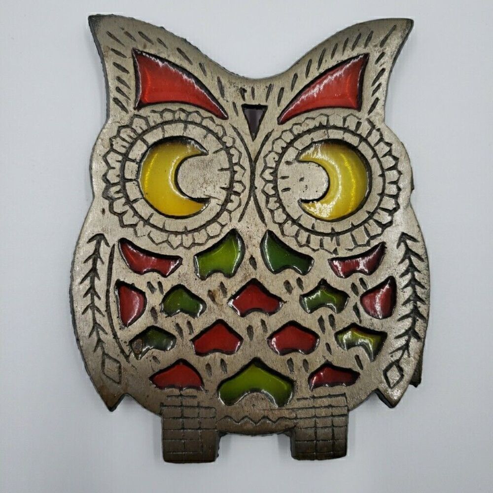 Vtg OWL Trivet Cast Metal Stained Glass Hot Plate Kitchen Kitsch Pot Rest Taiwan